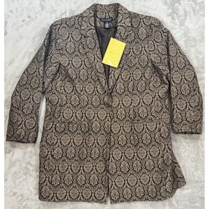 Dialogue Jacket Womens 22W Black Gold Jacquard Damask Stretch Knee Length Blazer